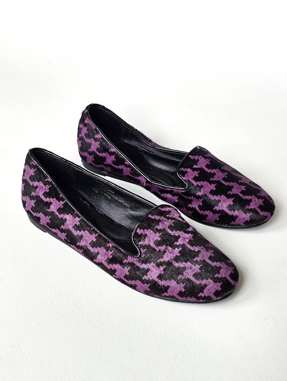 Theme Purple Black Houndstooth Calf Hair Loafers Flats Size 6.5M Statement Shoes